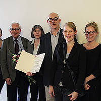 Projektteam 2. Preis "1914-18-online" (FU Berlin und Bayerische Staatsbibliothek, li=>re: Dr. Margit Wunsch Gaarmann, Susanne Büchner, Prof. Nicolas Apostolopoulos, Dr. Hildegart Schäffler (Bayerische Staatsbibliothek)r, Prof. Oliver Janz, Dr. Ivonne Me