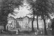 Schloss Jägerhof in Düsseldorf; Stahlstich von G. Heisinger nach einer Zeichnung von Ludwig Rohbock, um 1860 (wikimedia commons)