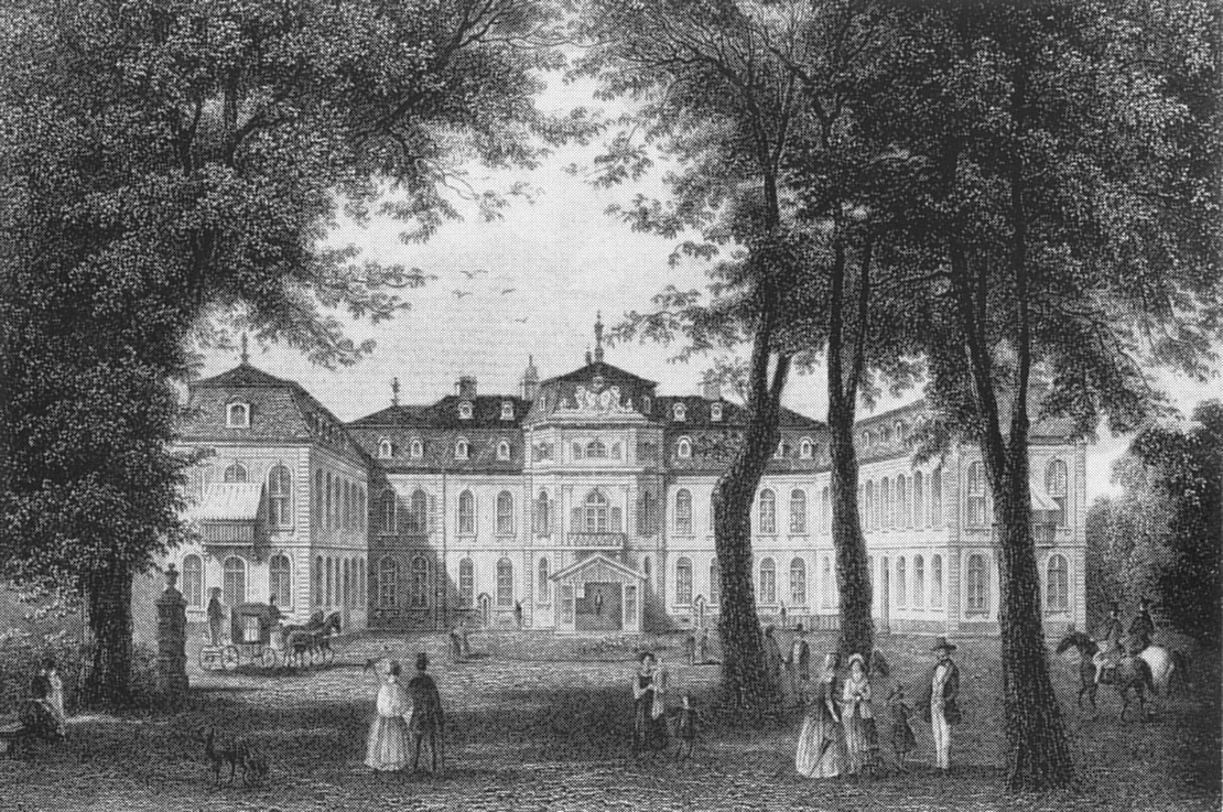 Schloss Jägerhof in Düsseldorf; Stahlstich von G. Heisinger nach einer Zeichnung von Ludwig Rohbock, um 1860 (wikimedia commons)